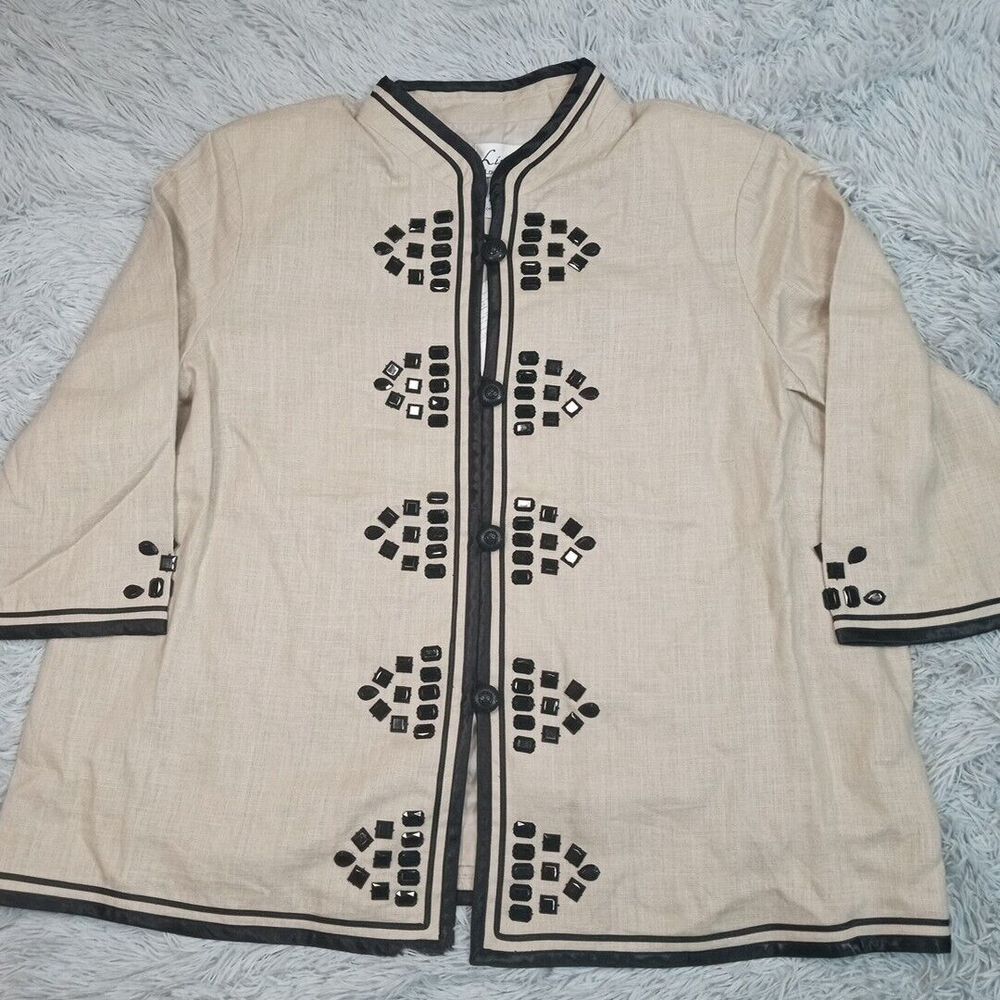 Linea By Louis Dell'Olio Jacket Womens 3X Beige Linen Oriental Asian Bling New